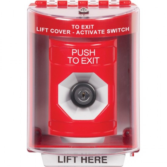 SS2083PX-EN STI Red Indoor/Outdoor Surface w/ Horn Key-to-Activate Stopper Station with PUSH TO EXIT Label English