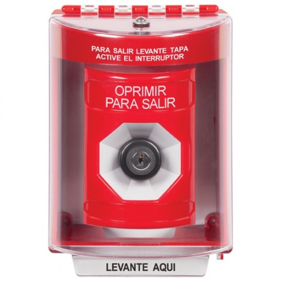 SS2083PX-ES STI Red Indoor/Outdoor Surface w/ Horn Key-to-Activate Stopper Station with PUSH TO EXIT Label Spanish