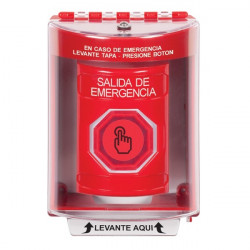 SS2086EX-ES STI Red Indoor/Outdoor Surface w/ Horn Momentary (Illuminated) with Red Lens Stopper Station with EMERGENCY EXIT Label Spanish