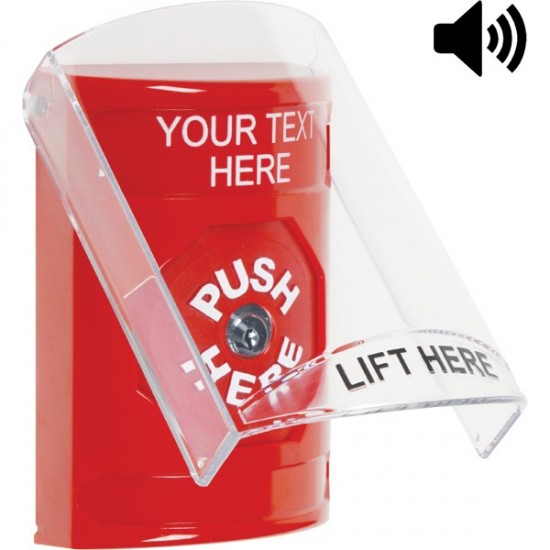SS20A0ZA-EN STI Red Indoor Flush/Surface w/ Horn Key-to-Reset Stopper Station w/ Custom Text Label