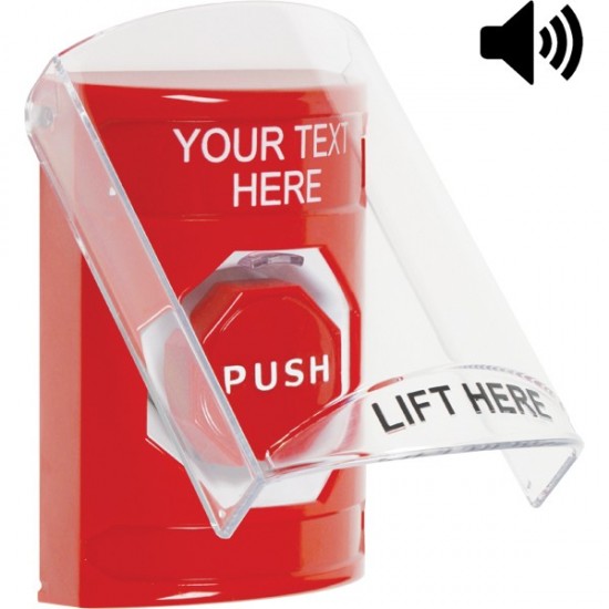 SS20A8ZA-EN STI Red Indoor Flush/Surface w/ Horn Pneumatic (Illuminated) Stopper Station w/ Custom Text Label
