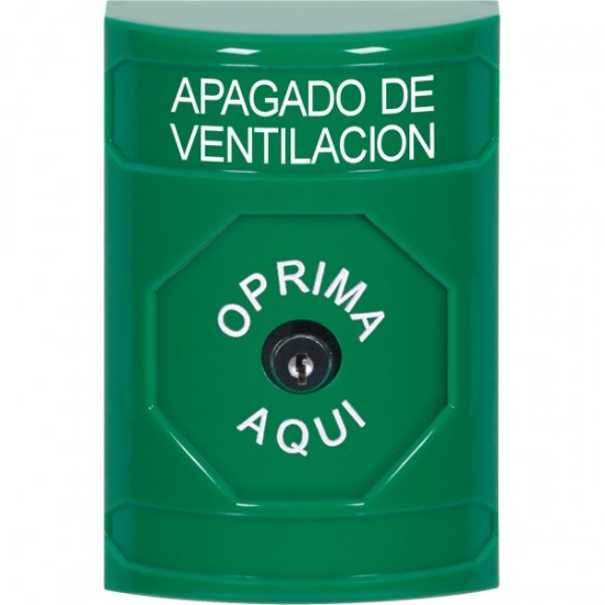 SS2100HV-ES STI Green No Cover Key-to-Reset Stopper Station with HVAC SHUT DOWN Label Spanish