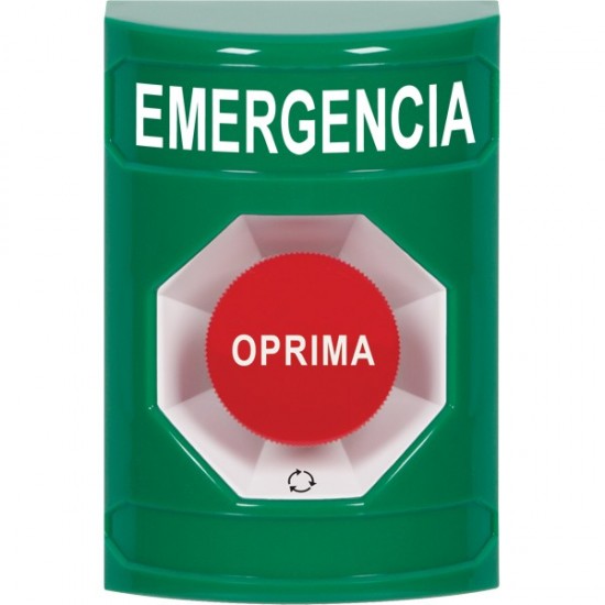 SS2101EM-ES STI Green No Cover Turn-to-Reset Stopper Station with EMERGENCY Label Spanish