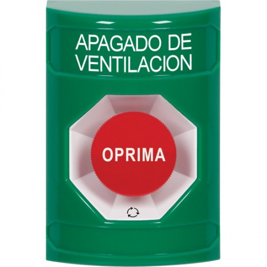 SS2101HV-ES STI Green No Cover Turn-to-Reset Stopper Station with HVAC SHUT DOWN Label Spanish