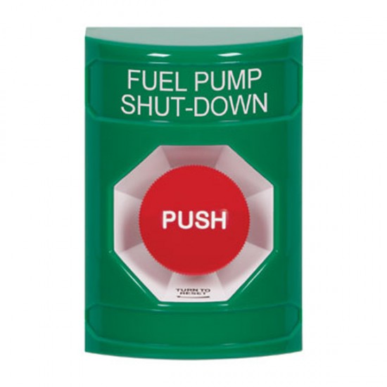 SS2101PS-EN STI Green No Cover Turn-to-Reset Stopper Station with FUEL PUMP SHUT DOWN Label English