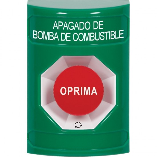 SS2101PS-ES STI Green No Cover Turn-to-Reset Stopper Station with FUEL PUMP SHUT DOWN Label Spanish