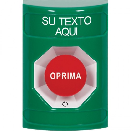 SS2101ZA-ES STI Green No Cover Turn-to-Reset Stopper Station with Non-Returnable Custom Text Label Spanish