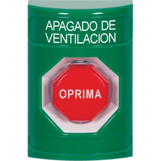 SS2102HV-ES STI Green No Cover Key-to-Reset (Illuminated) Stopper Station with HVAC SHUT DOWN Label Spanish
