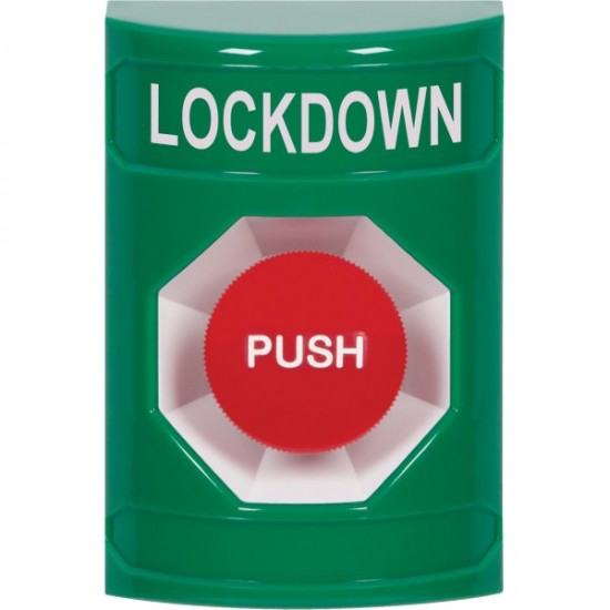 SS2104LD-EN STI Green No Cover Momentary Stopper Station with LOCKDOWN Label English