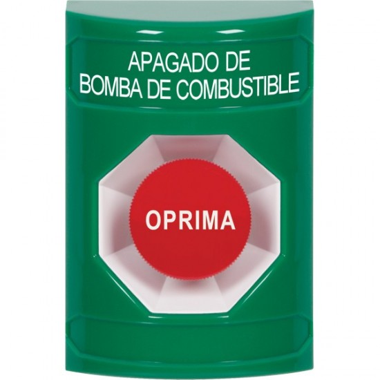 SS2104PS-ES STI Green No Cover Momentary Stopper Station with FUEL PUMP SHUT DOWN Label Spanish
