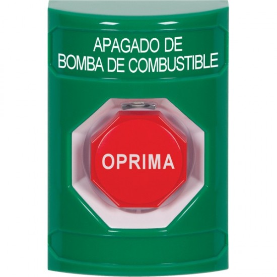 SS2105PS-ES STI Green No Cover Momentary (Illuminated) Stopper Station with FUEL PUMP SHUT DOWN Label Spanish