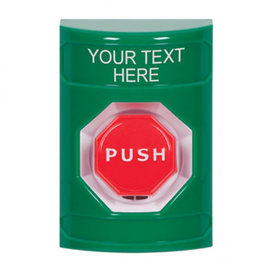 SS2108ZA-EN STI Green No Cover Pneumatic (Illuminated) Stopper Station with Non-Returnable Custom Text Label English