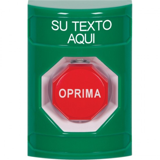 SS2108ZA-ES STI Green No Cover Pneumatic (Illuminated) Stopper Station with Non-Returnable Custom Text Label Spanish