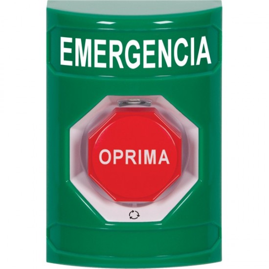 SS2109EM-ES STI Green No Cover Turn-to-Reset (Illuminated) Stopper Station with EMERGENCY Label Spanish
