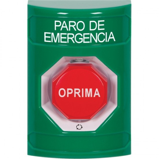 SS2109ES-ES STI Green No Cover Turn-to-Reset (Illuminated) Stopper Station with EMERGENCY STOP Label Spanish