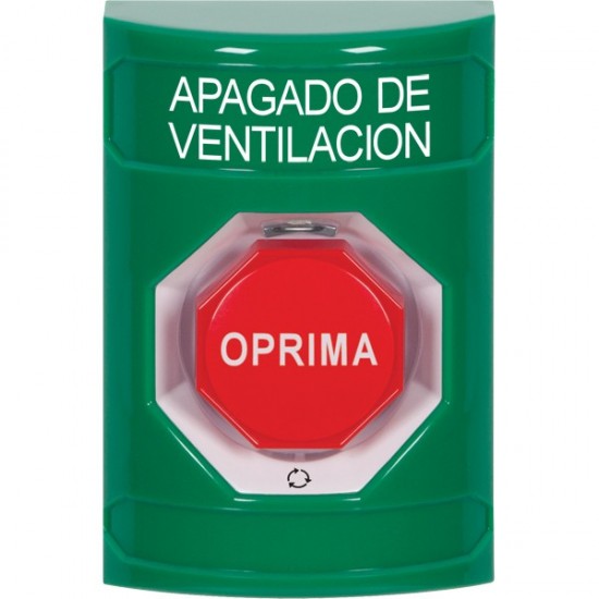 SS2109HV-ES STI Green No Cover Turn-to-Reset (Illuminated) Stopper Station with HVAC SHUT DOWN Label Spanish