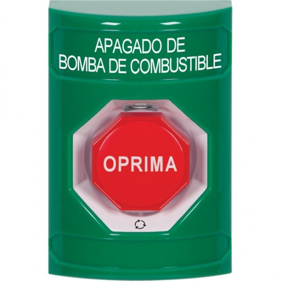 SS2109PS-ES STI Green No Cover Turn-to-Reset (Illuminated) Stopper Station with FUEL PUMP SHUT DOWN Label Spanish