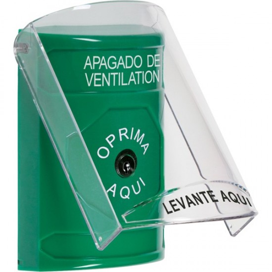 SS2120HV-ES STI Green Indoor Only Flush or Surface Key-to-Reset Stopper Station with HVAC SHUT DOWN Label Spanish