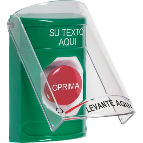 SS2121ZA-ES STI Green Indoor Only Flush or Surface Turn-to-Reset Stopper Station with Non-Returnable Custom Text Label Spanish