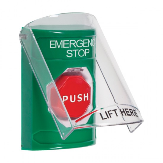 SS2122ES-EN STI Green Indoor Only Flush or Surface Key-to-Reset (Illuminated) Stopper Station with EMERGENCY STOP Label English