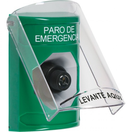 SS2123ES-ES STI Green Indoor Only Flush or Surface Key-to-Activate Stopper Station with EMERGENCY STOP Label Spanish