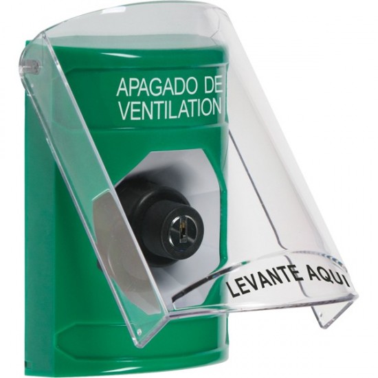 SS2123HV-ES STI Green Indoor Only Flush or Surface Key-to-Activate Stopper Station with HVAC SHUT DOWN Label Spanish