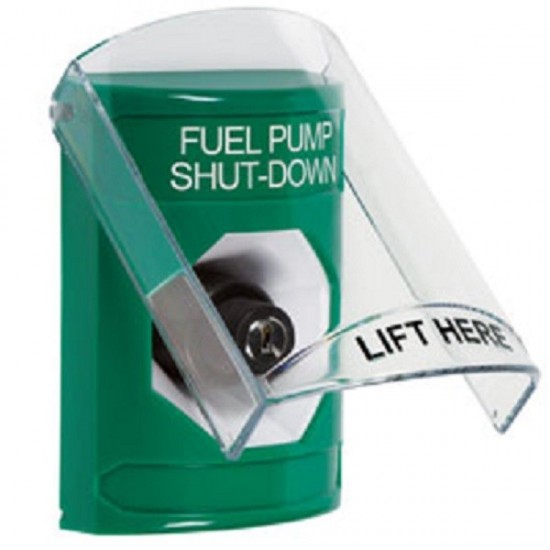 SS2123PS-ES STI Green Indoor Only Flush or Surface Key-to-Activate Stopper Station with FUEL PUMP SHUT DOWN Label Spanish