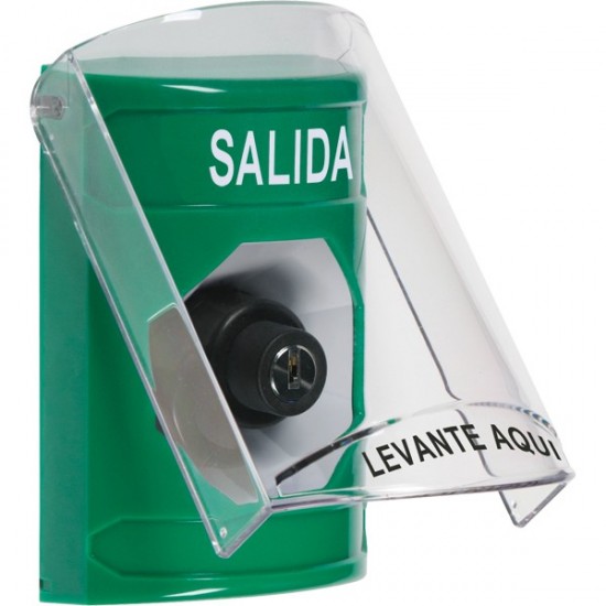 SS2123XT-ES STI Green Indoor Only Flush or Surface Key-to-Activate Stopper Station with EXIT Label Spanish