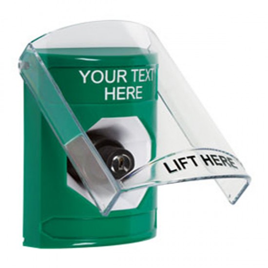 SS2123ZA-EN STI Green Indoor Flush/Surface Key-to-Activate Stopper Station w/ Custom Text Label