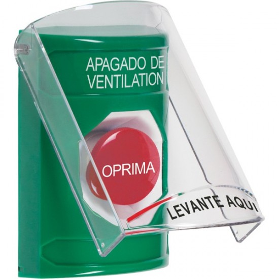 SS2124HV-ES STI Green Indoor Only Flush or Surface Momentary Stopper Station with HVAC SHUT DOWN Label Spanish
