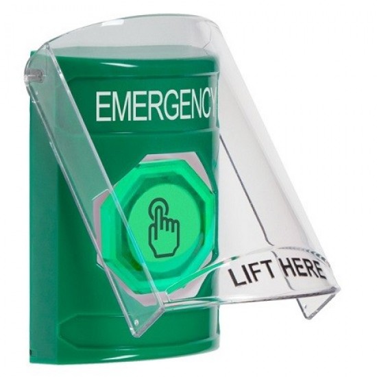SS2126EM-EN STI Green Indoor Flush/Surface Momentary (Illuminated) Stopper Station w/ EMERGENCY Label SS2126EM-EN STI Green Indoor Flush/Surface Momentary (Illuminated) Stopper Station w/ EMERGENCY Label