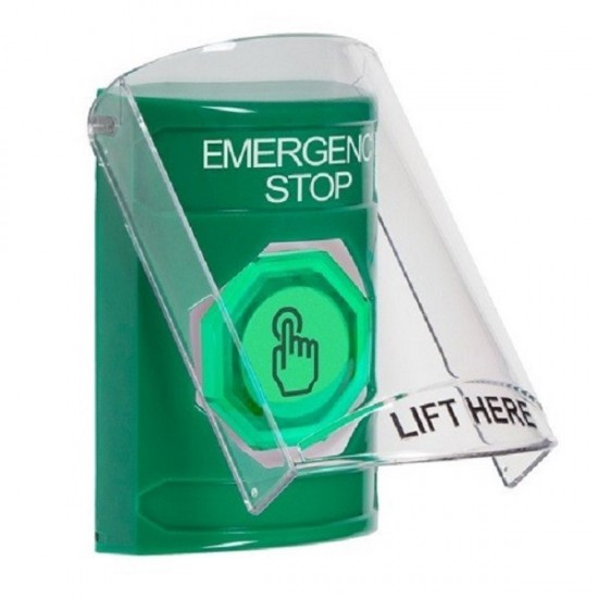 SS2126ES-EN STI Green Indoor Flush/Surface Momentary (Illuminated) Stopper Station w/ EMERGENCY STOP Label
