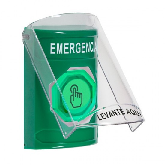 SS2127EM-ES STI Green Indoor Flush/Surface Weather Resistant Momentary Stopper Station w/ EMERGENCY Spanish