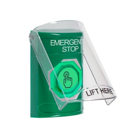 SS2127ES-EN STI Green Indoor Flush/Surface Weather Resistant Momentary Stopper Station w/ EMERGENCY STOP Label