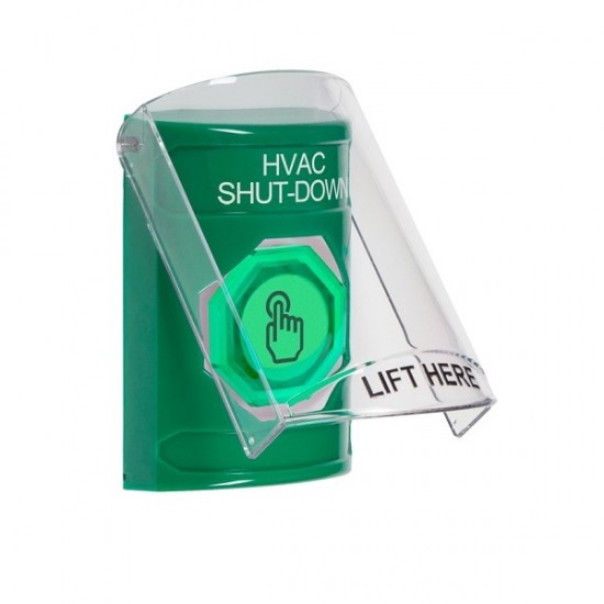 SS2127HV-EN STI Green Indoor Flush/Surface Weather Resistant Momentary Stopper Station w/ HVAC SHUT DOWN Label