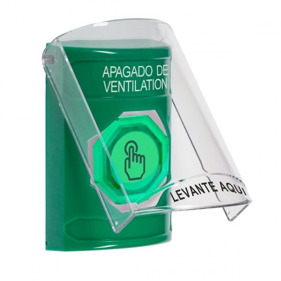 SS2127HV-ES STI Green Indoor Flush/Surface Weather Resistant Momentary Stopper Station w/ HVAC SHUT DOWN Spanish