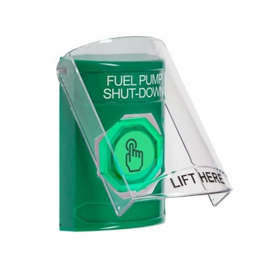SS2127PS-EN STI Green Indoor Flush/Surface Weather Resistant Momentary Stopper Station w/ FUEL PUMP SHUT DOWN Label