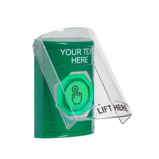 SS2127ZA-EN STI Green Indoor Flush/Surface Weather Resistant Momentary Stopper Station w/ Custom Text Label