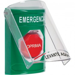SS2128EM-ES STI Green Indoor Only Flush or Surface Pneumatic (Illuminated) Stopper Station with EMERGENCY Label Spanish