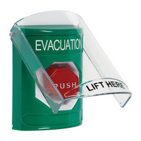 SS2128EV-EN STI Green Indoor Only Flush or Surface Pneumatic (Illuminated) Stopper Station with EVACUATION Label English
