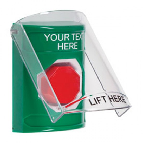 SS2129ZA-EN STI Green Indoor Flush/Surface Turn-to-Reset Stopper Station w/ Custom Text Label