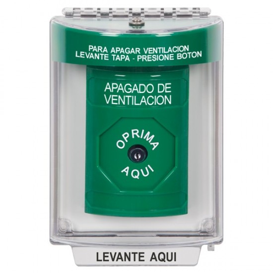 SS2130HV-ES STI Green Indoor/Outdoor Flush Key-to-Reset Stopper Station with HVAC SHUT DOWN Label Spanish