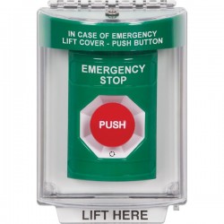SS2131ES-EN STI Green Indoor/Outdoor Flush Turn-to-Reset Stopper Station with EMERGENCY STOP Label English