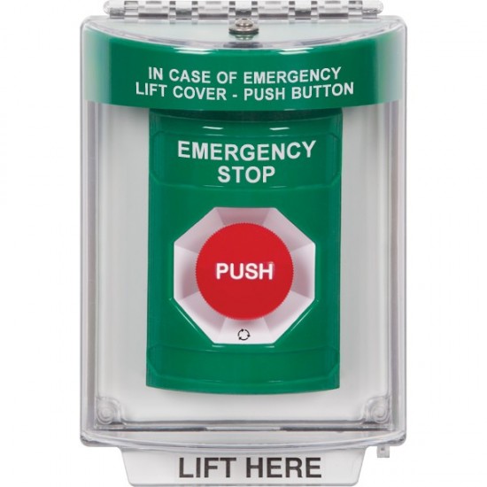 SS2131ES-EN STI Green Indoor/Outdoor Flush Turn-to-Reset Stopper Station with EMERGENCY STOP Label English