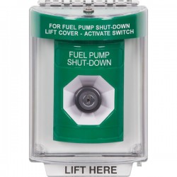 SS2133PS-EN STI Green Indoor/Outdoor Flush Key-to-Activate Stopper Station with FUEL PUMP SHUT DOWN Label English