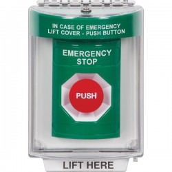 SS2134ES-EN STI Green Indoor/Outdoor Flush Momentary Stopper Station with EMERGENCY STOP Label English