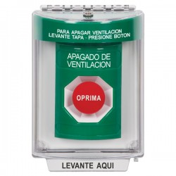 SS2134HV-ES STI Green Indoor/Outdoor Flush Momentary Stopper Station with HVAC SHUT DOWN Label Spanish