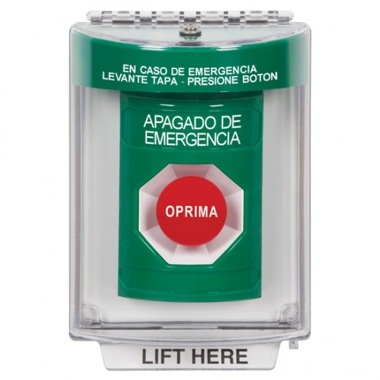 SS2134PO-ES STI Green Indoor/Outdoor Flush Momentary Stopper Station with EMERGENCY POWER OFF Label Spanish