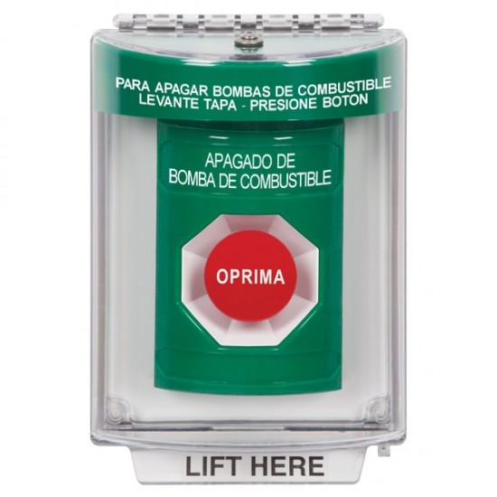 SS2134PS-ES STI Green Indoor/Outdoor Flush Momentary Stopper Station with FUEL PUMP SHUT DOWN Label Spanish