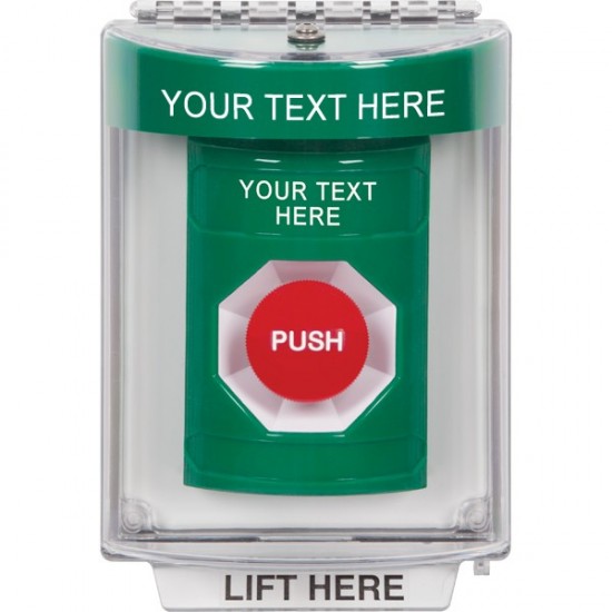 SS2134ZA-EN STI Green Indoor/Outdoor Flush Momentary Stopper Station with Non-Returnable Custom Text Label English